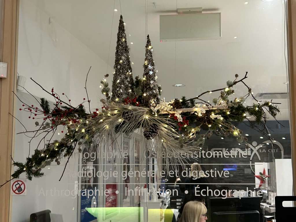 Décoration de Noël avec sapins illuminés et branches décoratives dans une clinique