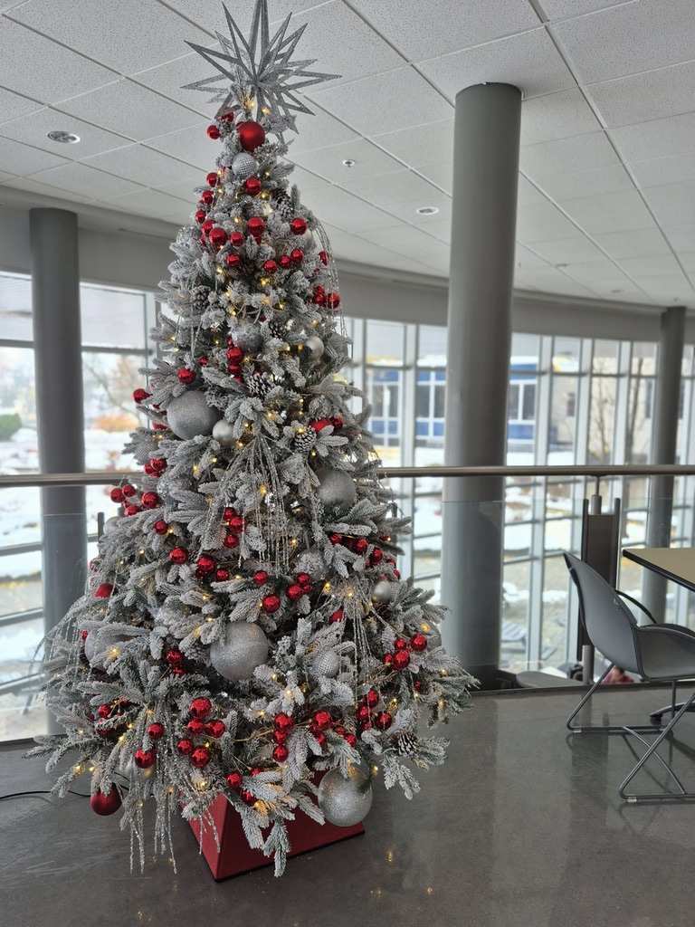 Décoration de Noël commerciale avec sapin illuminé dans un espace corporatif à Québec